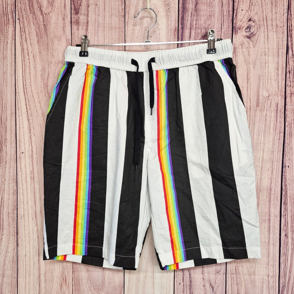 Eighty Eight rue21 Mens Medium Rainbow Stripe Shorts Black White Cotton Casual